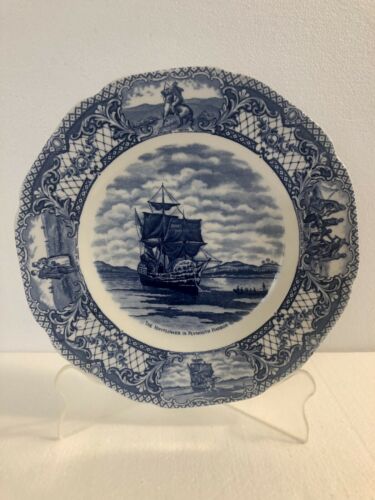 Crown Ducal Colonial Times The Mayflower Blue Dinner Plate Floral & Scenes.