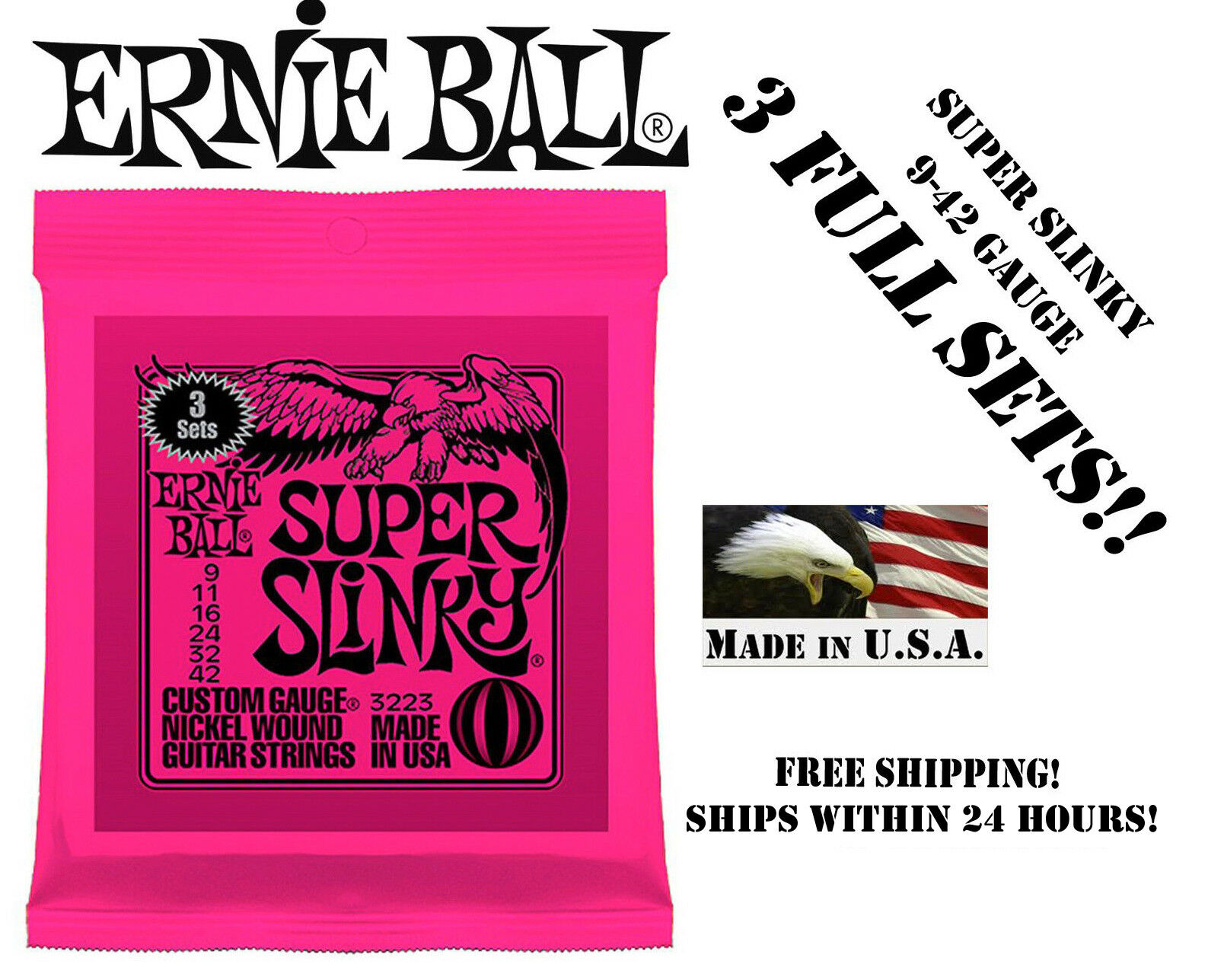 **3 Sets Ernie Ball 2223 Super Slinky Electric Guitar Strings 9-42**