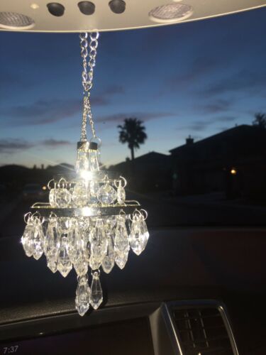 New Chandelier For Car Rear View Mirror Sparkly Clear Crystal Color Beads Silver