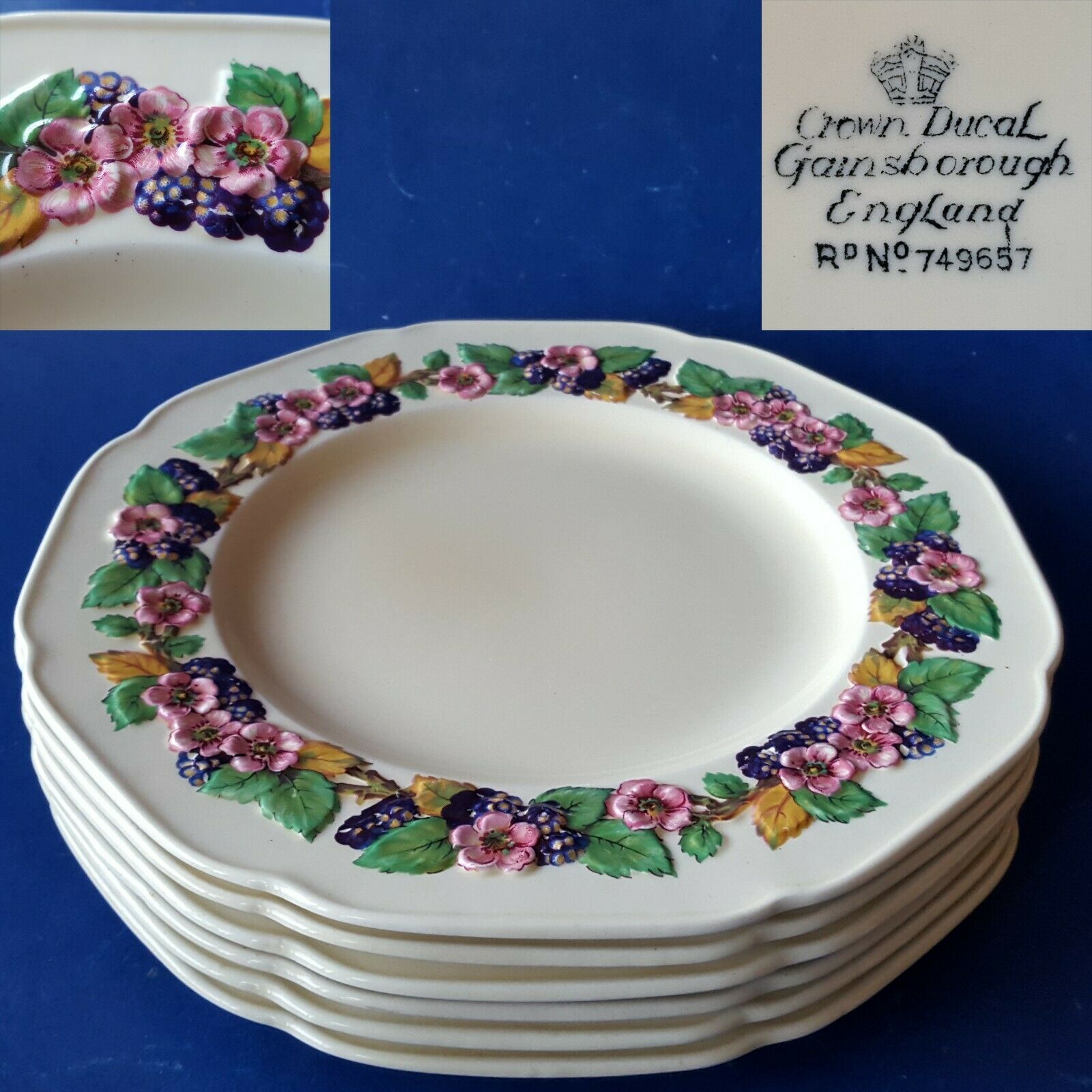 6 C1930 Crown Ducal Gainsborough England Crd18 9" Luncheon Plates. Pink Flowers