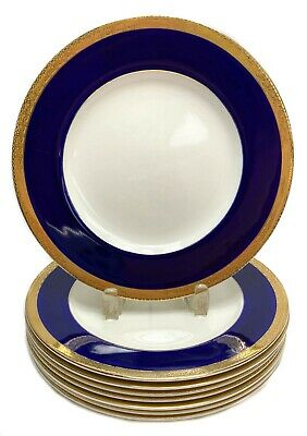 8 Crown Ducal Blue And Gold Dinner Plates C1930