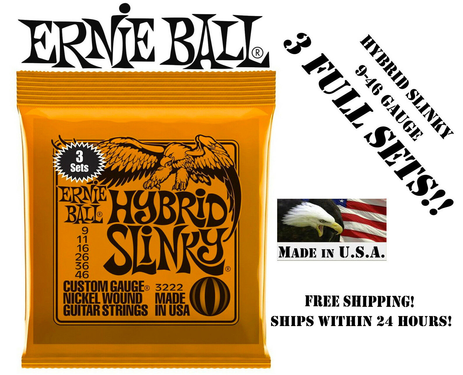 **3 Sets Ernie Ball 2222 Hybrid Slinky Electric Guitar Strings 9-46**